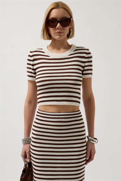 Çizgili Midi Dokulu Etek
