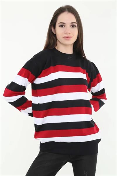 Çizgili Nakışlı Kazak - Siyah