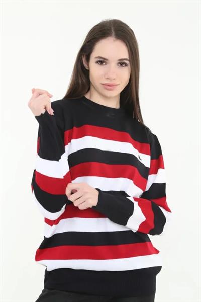 Çizgili Nakışlı Kazak - Siyah