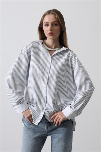 Çizgili Oversize Gömlek - Açık Mavi