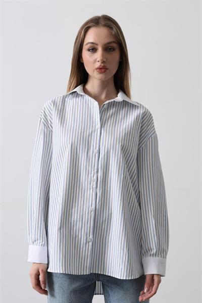 Çizgili Oversize Gömlek - Açık Mavi