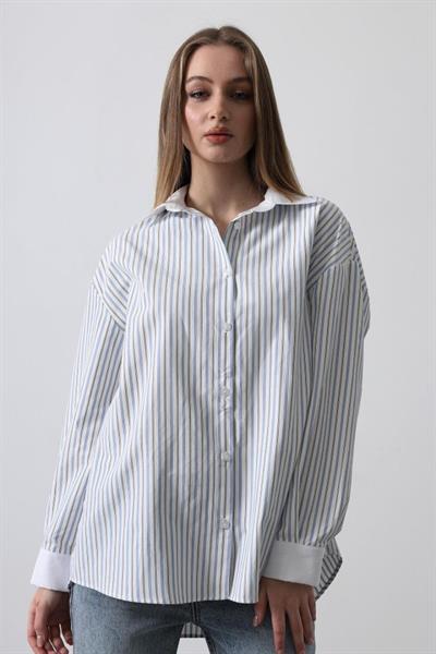 Çizgili Oversize Gömlek - Açık Mavi