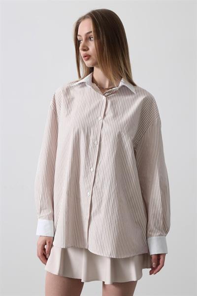 Çizgili Oversize Gömlek - Bej