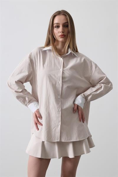 Çizgili Oversize Gömlek - Bej