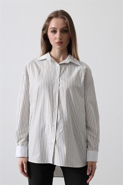 Çizgili Oversize Gömlek - Taş