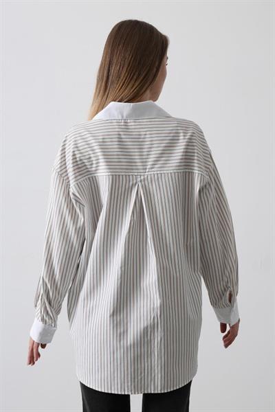 Çizgili Oversize Gömlek - Taş