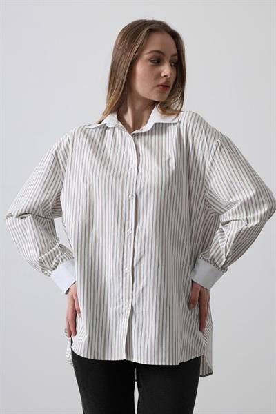Çizgili Oversize Gömlek - Taş