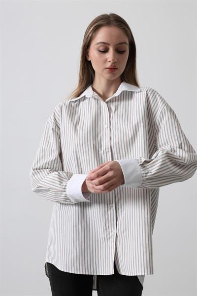 Çizgili Oversize Gömlek - Taş