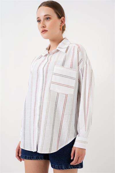 Çizgili Oversize Gömlek 20278 - B.Beyaz