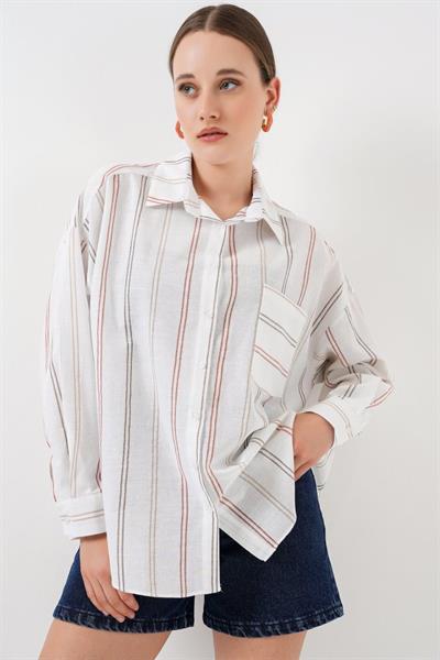 Çizgili Oversize Gömlek 20278 - B.Beyaz
