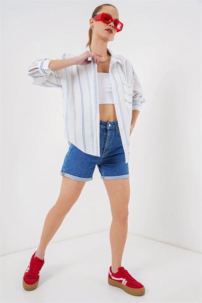 Çizgili Oversize Gömlek 20278 - Beyaz