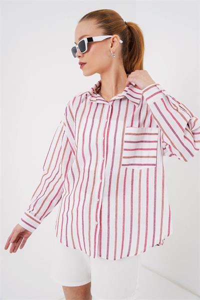 Çizgili Oversize Gömlek 20278 - Kırmızı