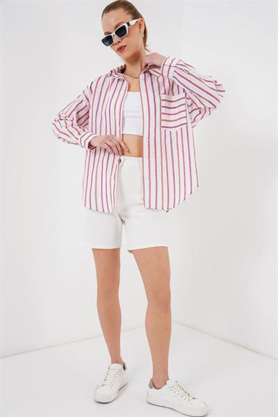 Çizgili Oversize Gömlek 20278 - Kırmızı