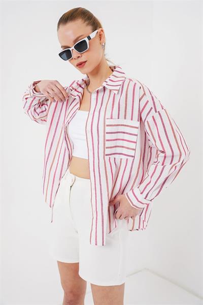 Çizgili Oversize Gömlek 20278 - Kırmızı
