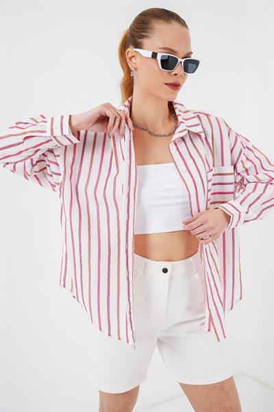Çizgili Oversize Gömlek 20278 - Kırmızı