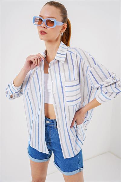 Çizgili Oversize Gömlek 20278 - Mavi