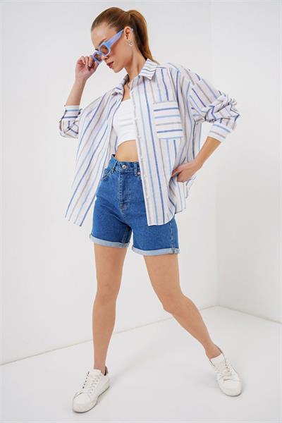 Çizgili Oversize Gömlek 20278 - Mavi