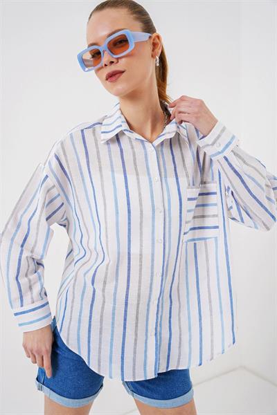 Çizgili Oversize Gömlek 20278 - Mavi