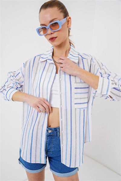 Çizgili Oversize Gömlek 20278 - Mavi