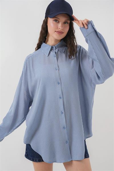 Çizgili Oversize Gömlek 20295 - İndigo