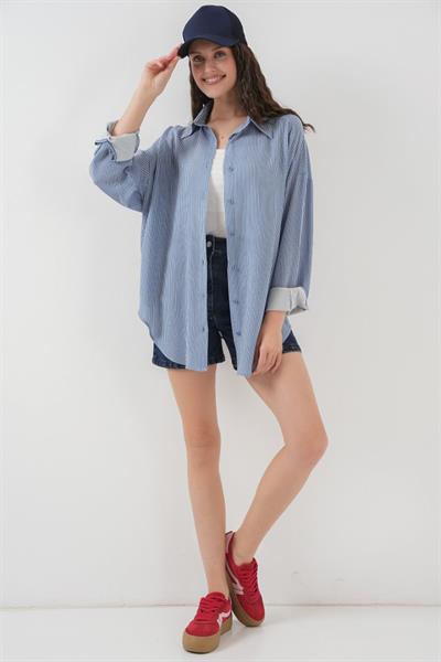 Çizgili Oversize Gömlek 20295 - İndigo