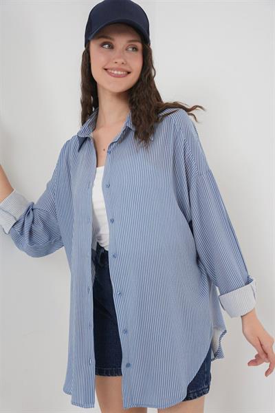 Çizgili Oversize Gömlek 20295 - İndigo