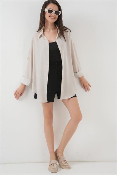 Çizgili Oversize Gömlek 20295 - Krem