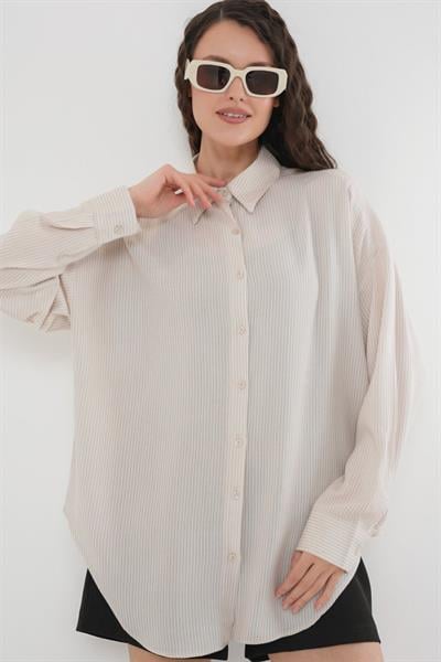 Çizgili Oversize Gömlek 20295 - Krem