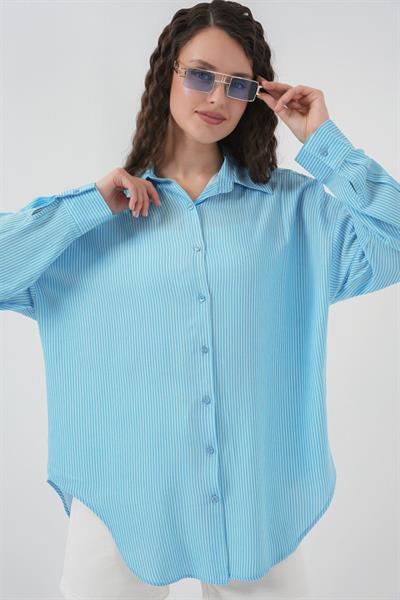 Çizgili Oversize Gömlek 20295 - Mavi