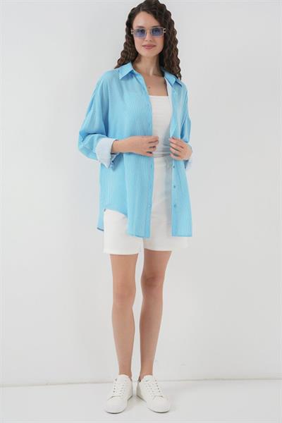 Çizgili Oversize Gömlek 20295 - Mavi