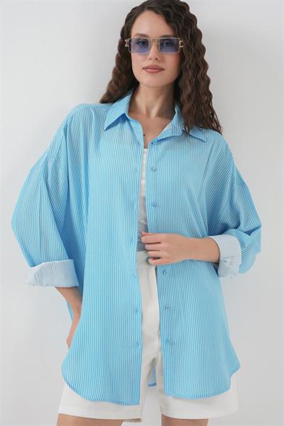 Çizgili Oversize Gömlek 20295 - Mavi