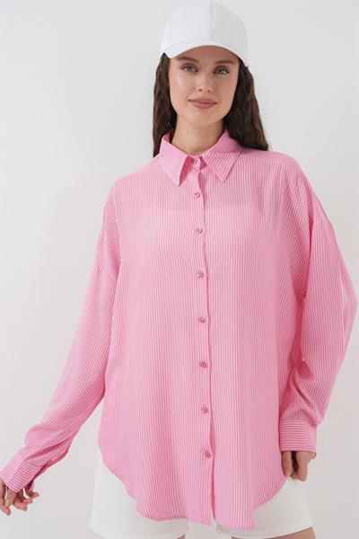 Çizgili Oversize Gömlek 20295 - Pembe