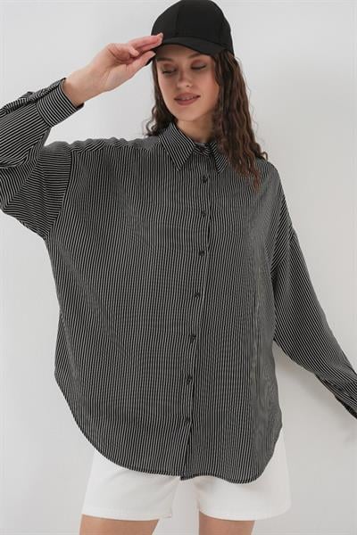 Çizgili Oversize Gömlek 20295 - Siyah