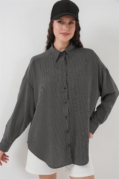 Çizgili Oversize Gömlek 20295 - Siyah