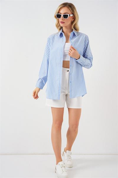 Çizgili Oversize Gömlek 20332 - B.Mavi