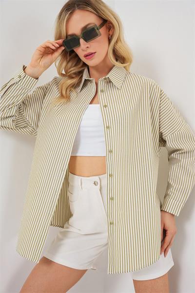 Çizgili Oversize Gömlek 20332 - Çağla