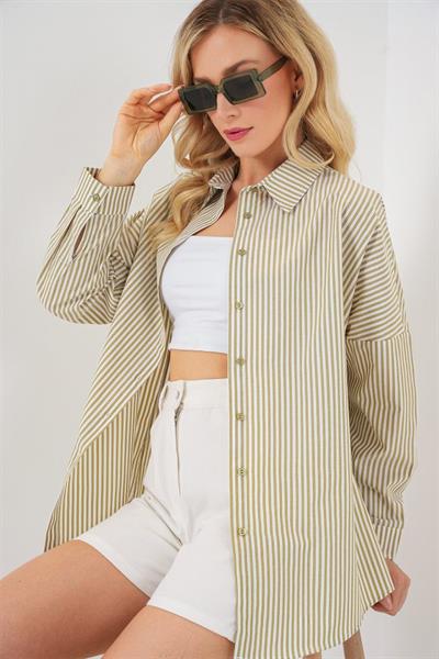 Çizgili Oversize Gömlek 20332 - Çağla