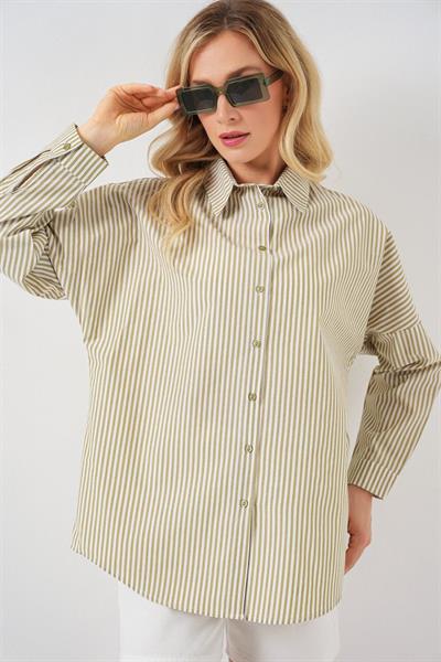 Çizgili Oversize Gömlek 20332 - Çağla