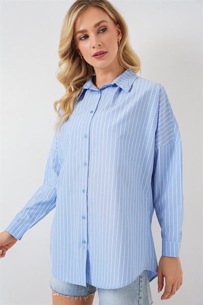 Çizgili Oversize Gömlek 20332 - Mavi