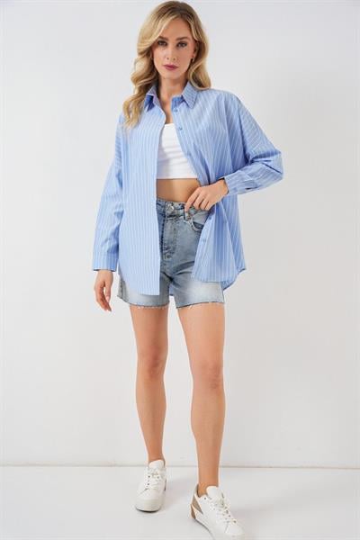 Çizgili Oversize Gömlek 20332 - Mavi