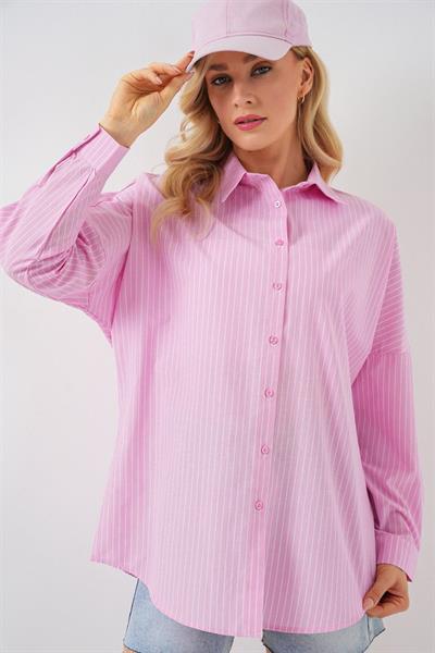 Çizgili Oversize Gömlek 20332 - Pembe