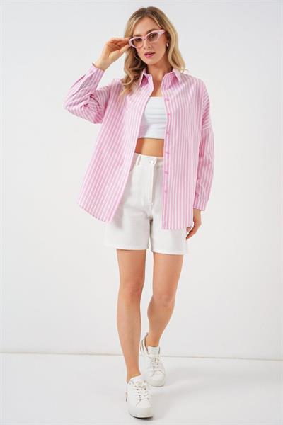 Çizgili Oversize Gömlek 20332 - Pudra