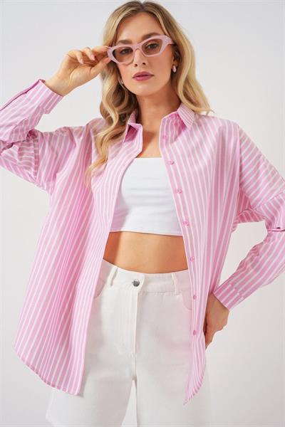 Çizgili Oversize Gömlek 20332 - Pudra