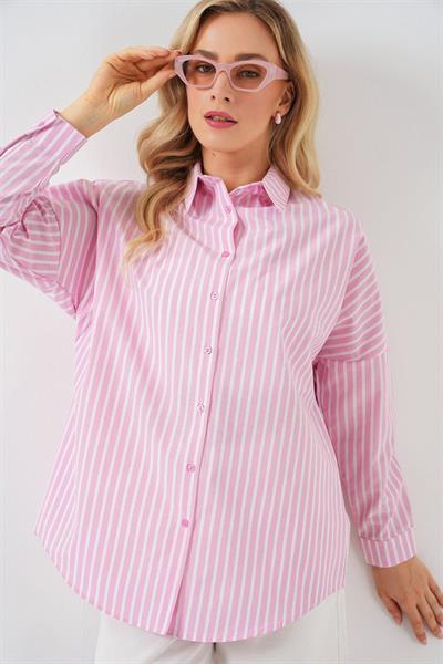 Çizgili Oversize Gömlek 20332 - Pudra