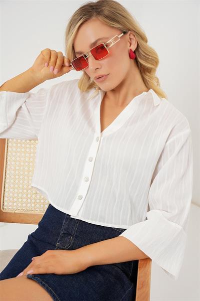 Çizgili Oversize Kısa Gömlek 20326 - Beyaz