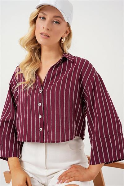 Çizgili Oversize Kısa Gömlek 20326 - Bordo