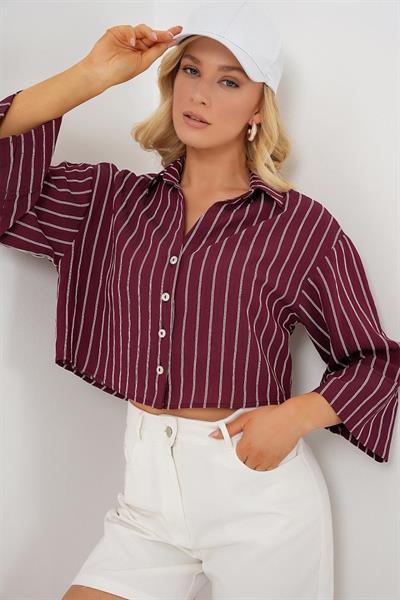 Çizgili Oversize Kısa Gömlek 20326 - Bordo