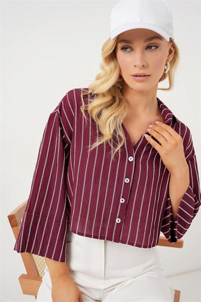 Çizgili Oversize Kısa Gömlek 20326 - Bordo