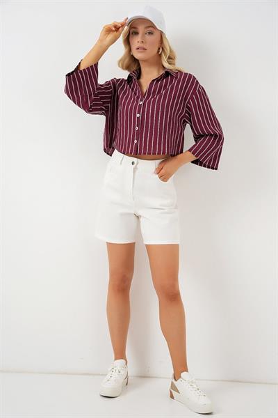 Çizgili Oversize Kısa Gömlek 20326 - Bordo