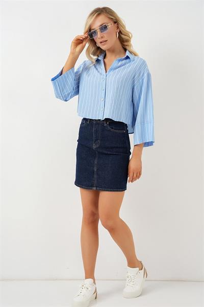 Çizgili Oversize Kısa Gömlek 20326 - Mavi